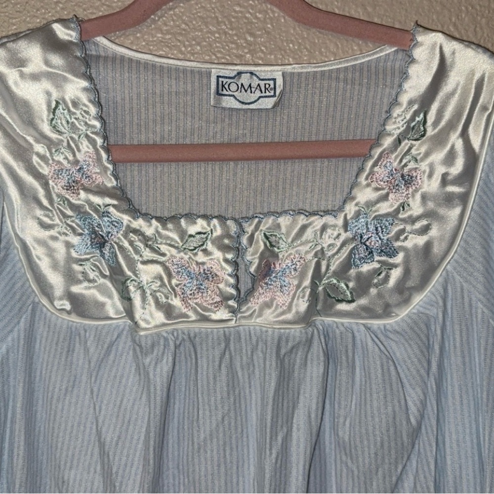 Komar Light Blue/white Striped Pajama Gown with floral embroidery at neckline.